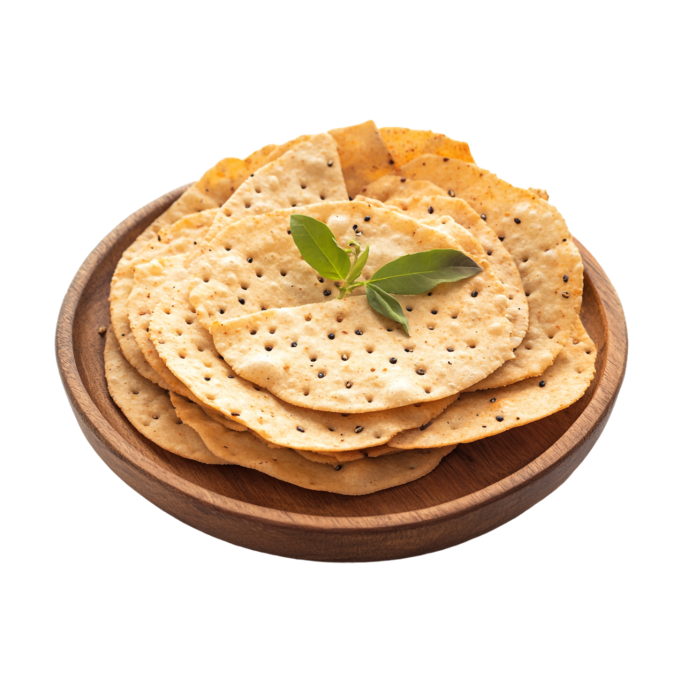 A plate with crackers on it and a leaf png