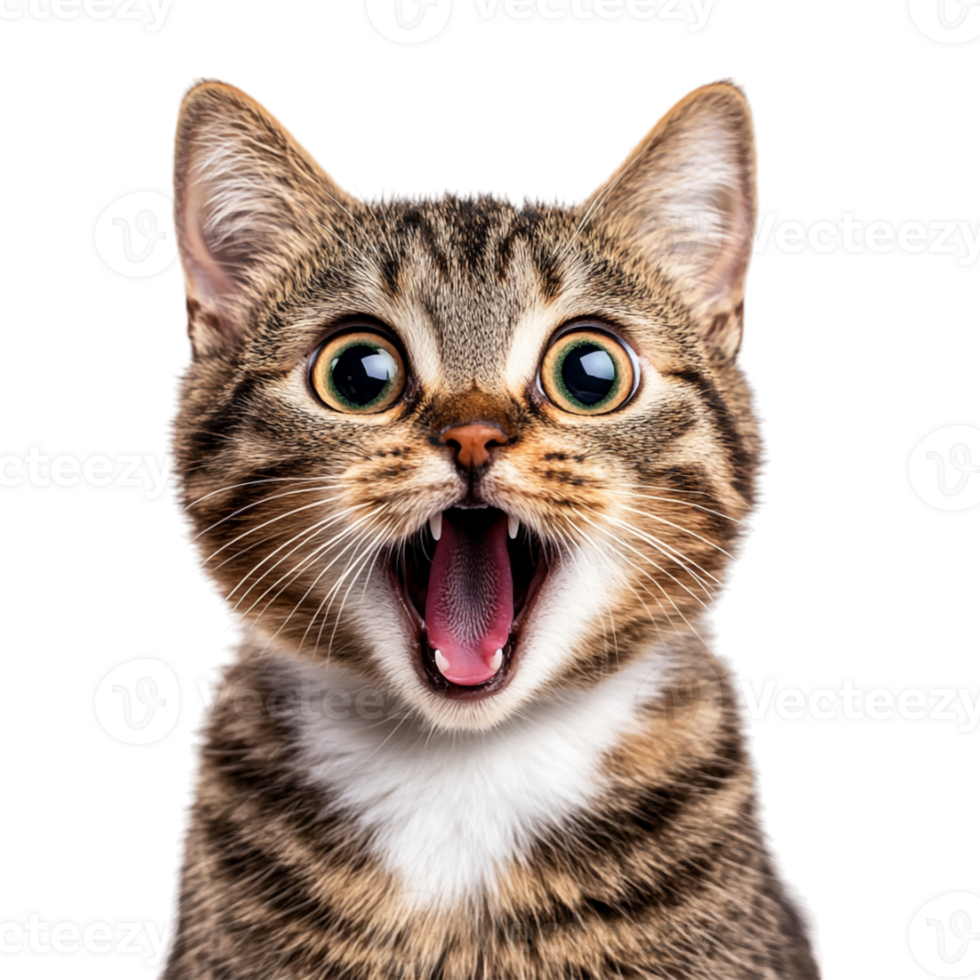 A cat with its mouth open and its eyes wide open png