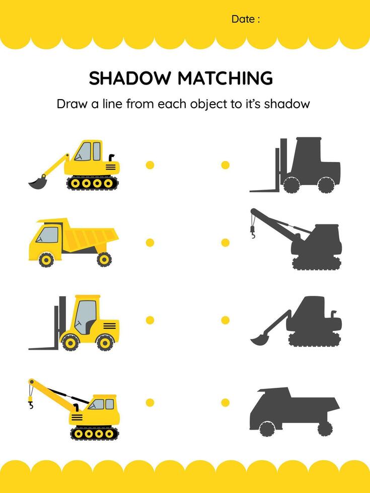 Find the shadow of the construction vehicles. Preschool worksheet activity. Children funny riddle entertainment. illustration vector