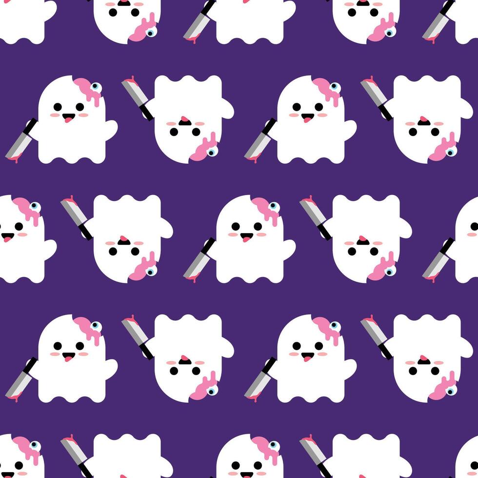 LITTLE SPOOKY GHOST IS HOLDING A KNIFE SEAMLESS PATTERN DESIGN vector