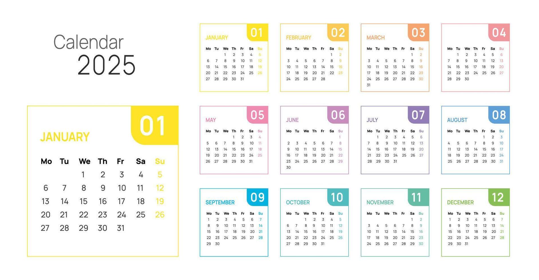 2025 Calendar week start Monday corporate design template . vector