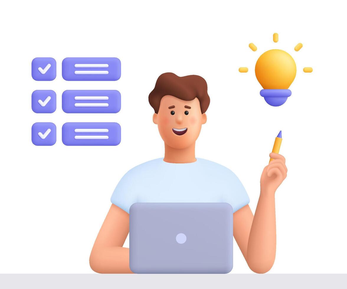 Man working on the laptop computer and holding pencil and pointing to bulb, working on the task. Creativity, planning, work project and business idea. 3d people character. Cartoon minimal style vector