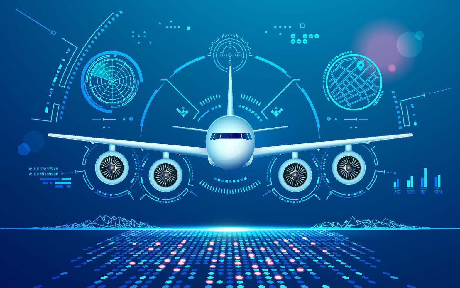 concept of air traffic control or aviation technology, graphic of realistic airplane with futuristic interface vector