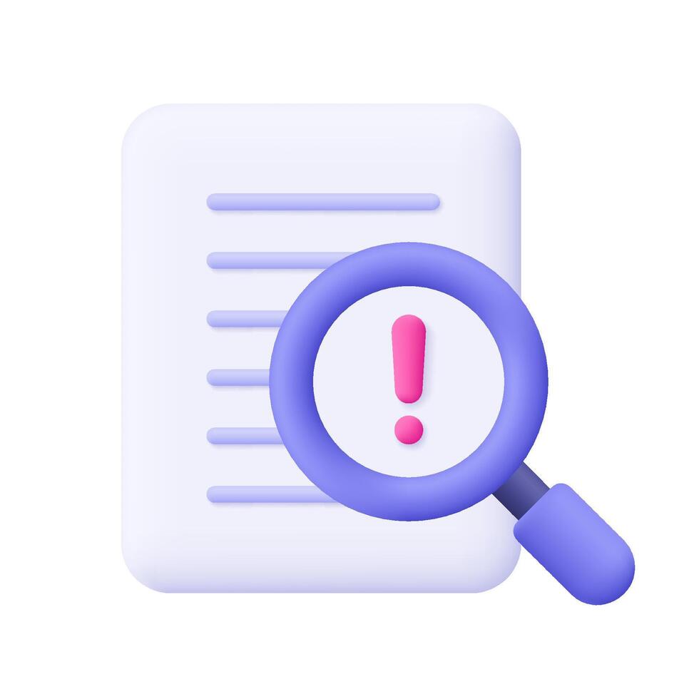 Document file and magnifying glass with warning sign, exclamation mark. Business and finance risk analysis concept. 3d icon. Cartoon minimal style. vector