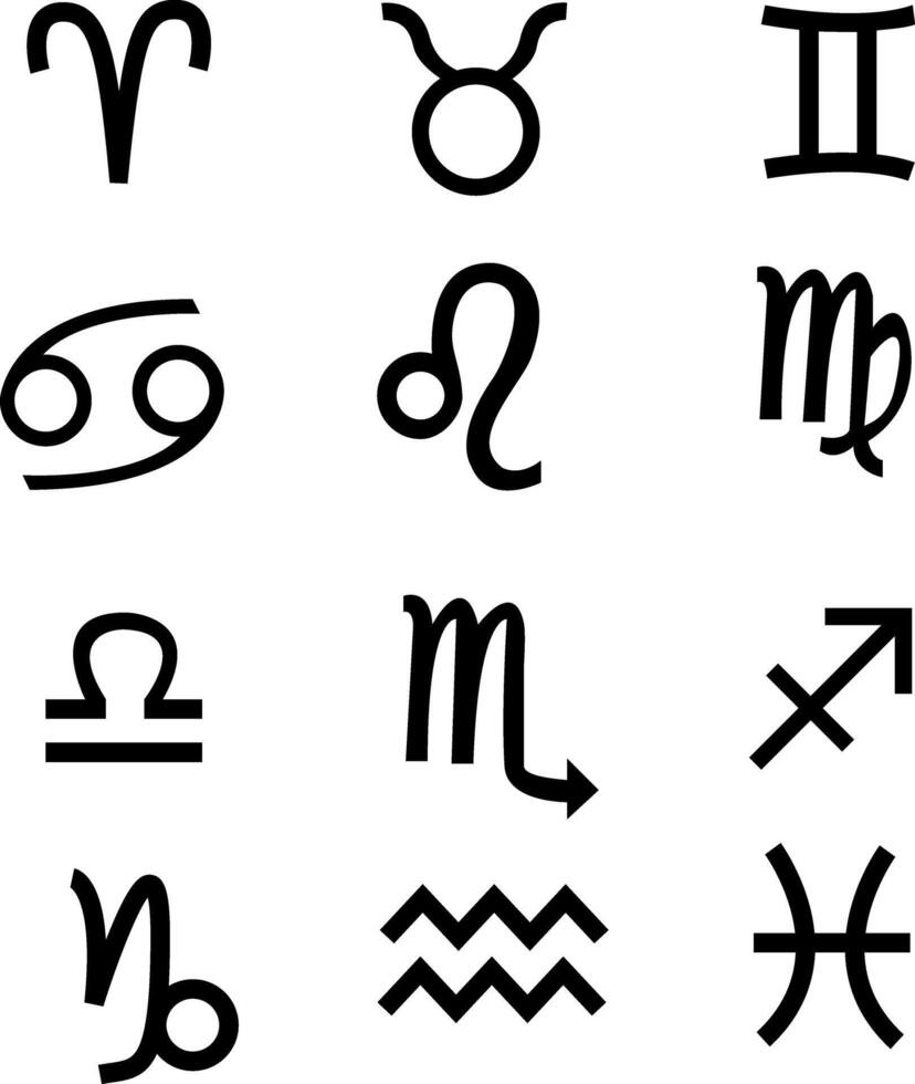 Zodiac Symbols Set Illustration. Simple, Minimalist Graphic Design. Twelve Signs, Gemini, Cancer, Leo, Virgo, Libra, Scorpio, Sagittarius, Capricorn, Aquarius, And Pisces. illustration vector