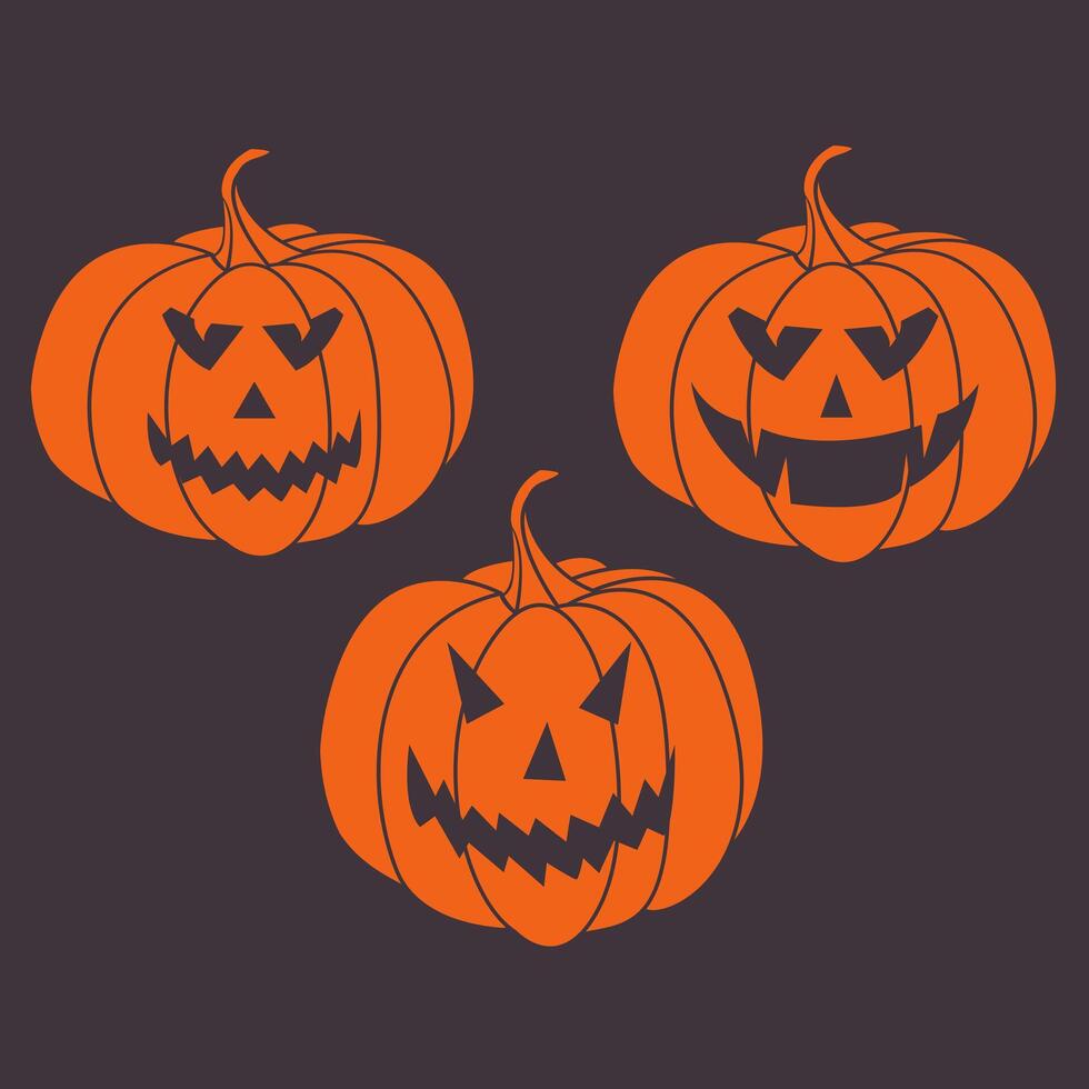 Three Orange Halloween Pumpkin Set. Playful And Spooky Design. Whimsical Jack O Lantern Faces For Party Invitations, Decorations, And Seasonal Designs. illustration vector