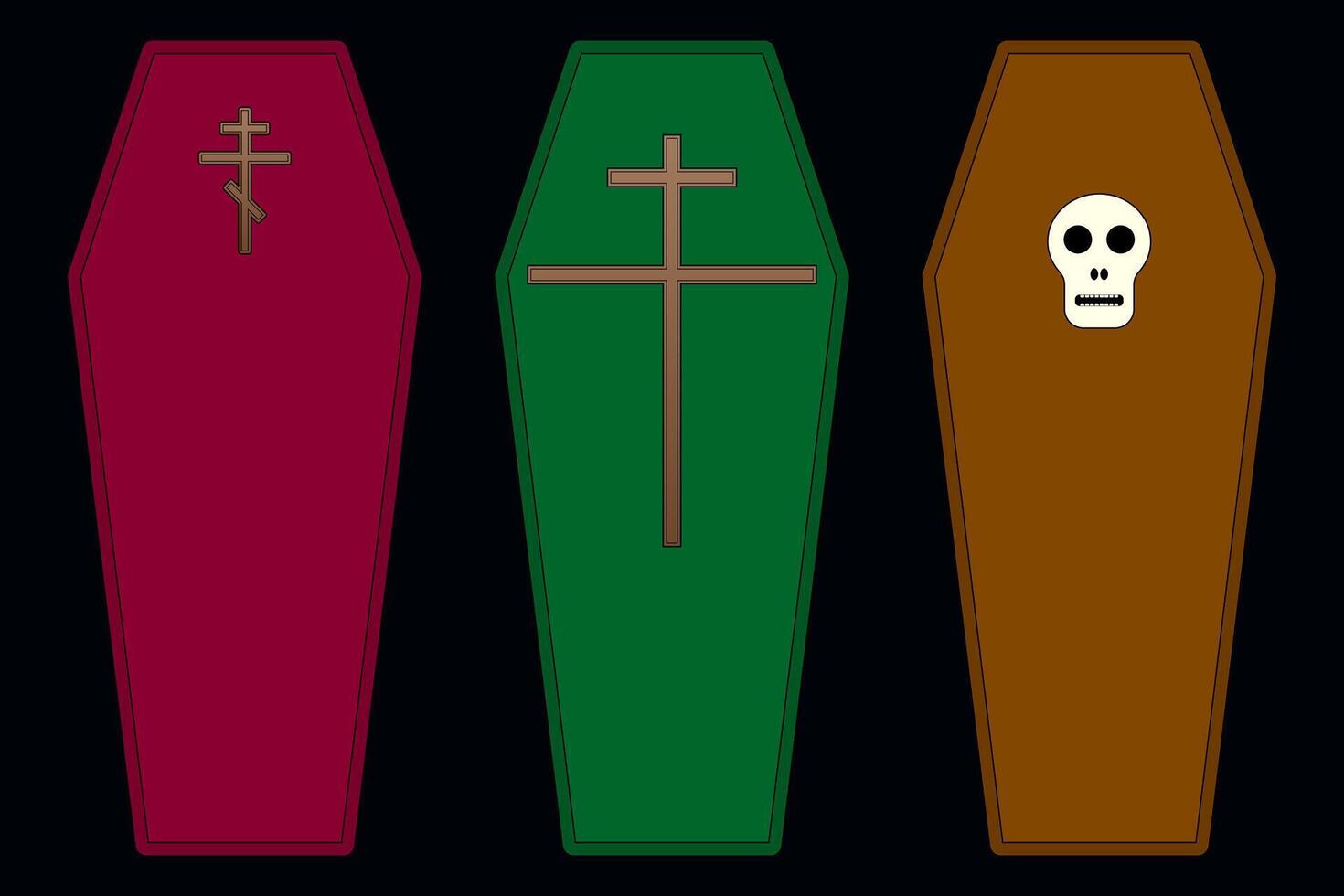 A spooky set of three Halloween coffins with crosses and a skull, perfect for holiday-themed designs and decorations. vector