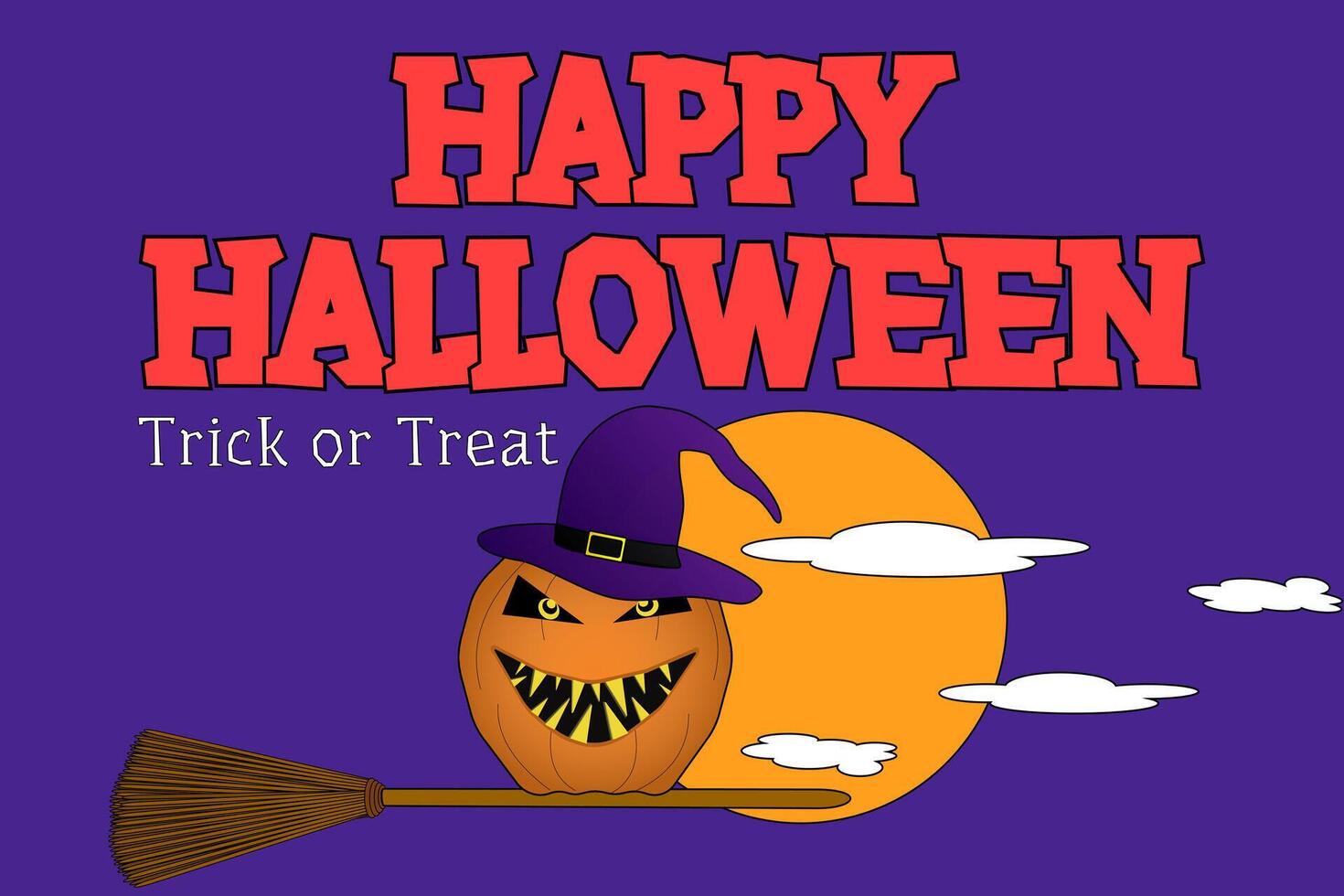Illustration of a scary pumpkin wearing a witch hat flying with a broom against a full moon. Perfect for Halloween decorations. vector