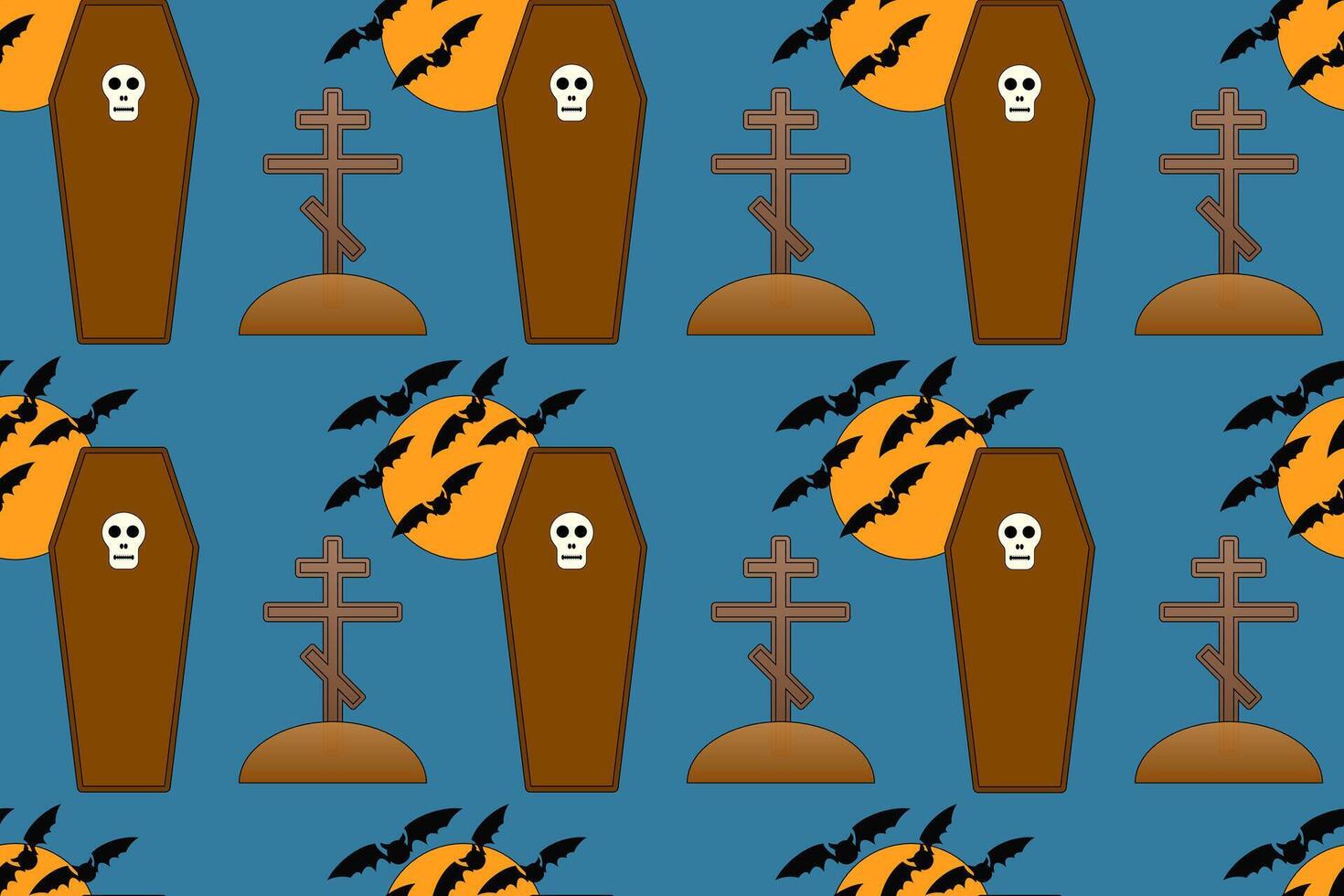 Seamless Halloween pattern featuring coffins, bats, graves, and crosses. Perfect for spooky designs and decorations. vector