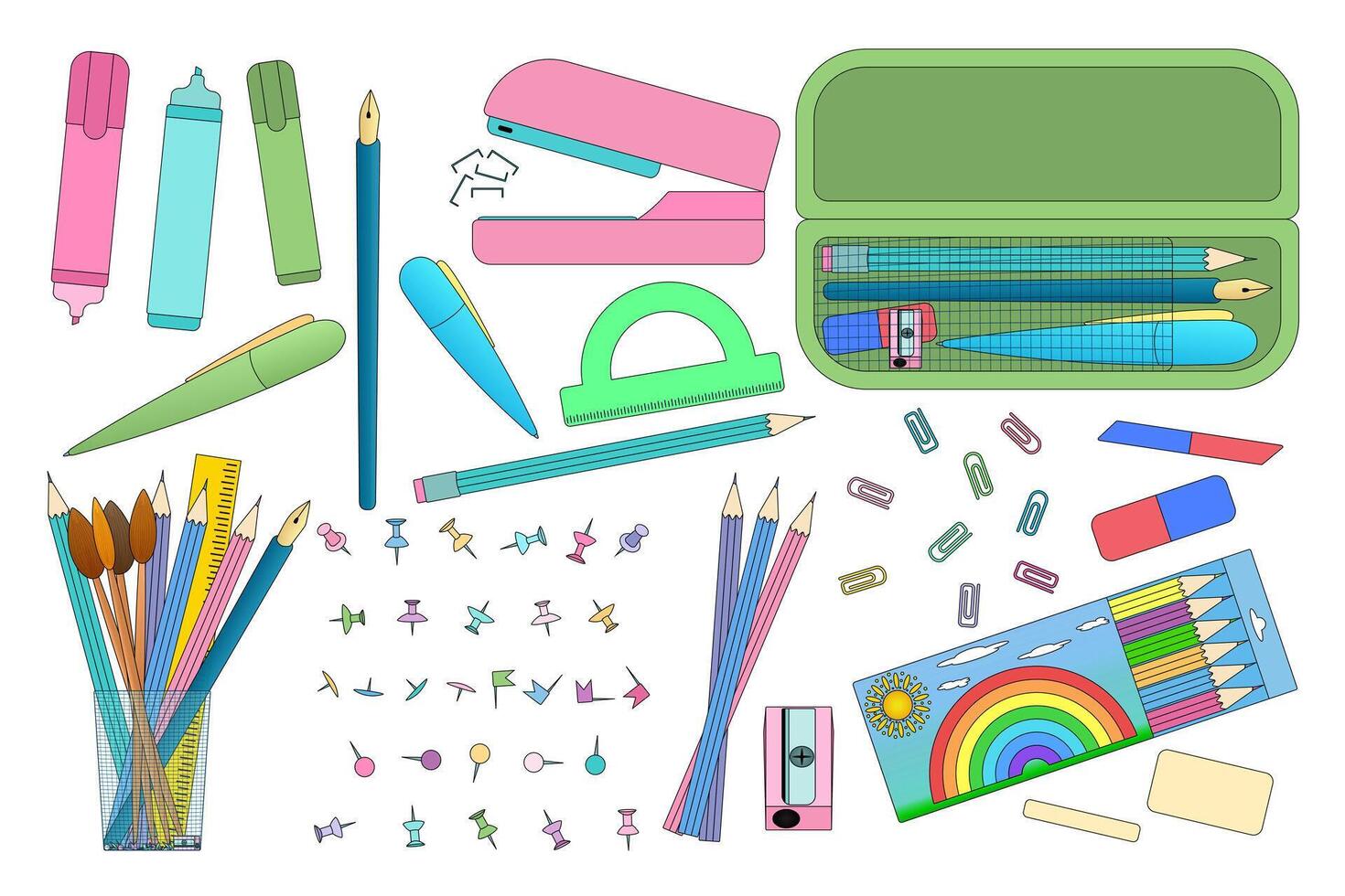 Colorful back to school stationery set with pencils, pens, paper clips, and office supplies, perfect for education-themed illustrations. vector