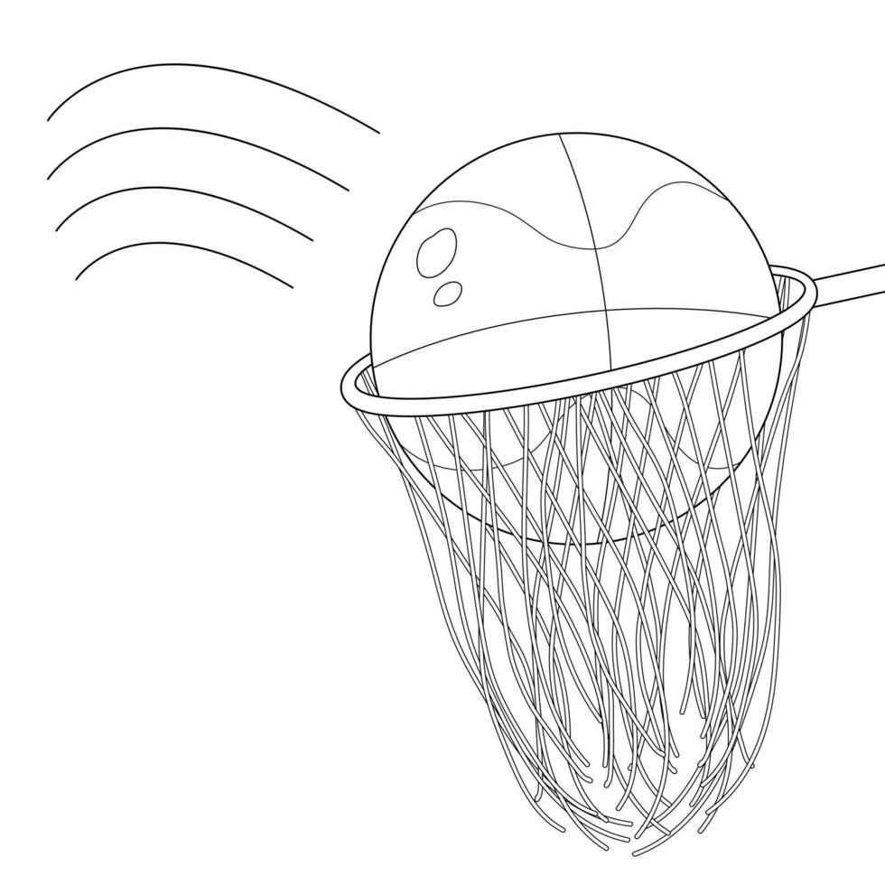 Black and white basketball going through a hoop, perfect for coloring books and back-to-school sports-themed activities. vector
