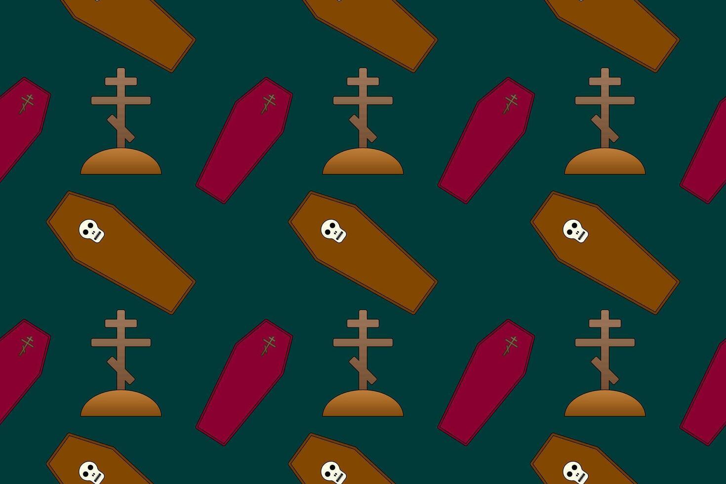 Creepy Halloween pattern featuring coffins and grave crosses. Perfect for spooky designs, backgrounds, and Halloween projects. vector