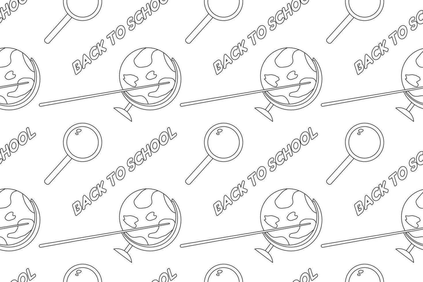 A fun back-to-school coloring page featuring a globe, magnifying glass, and text in an educational theme. Perfect for kids and students. vector