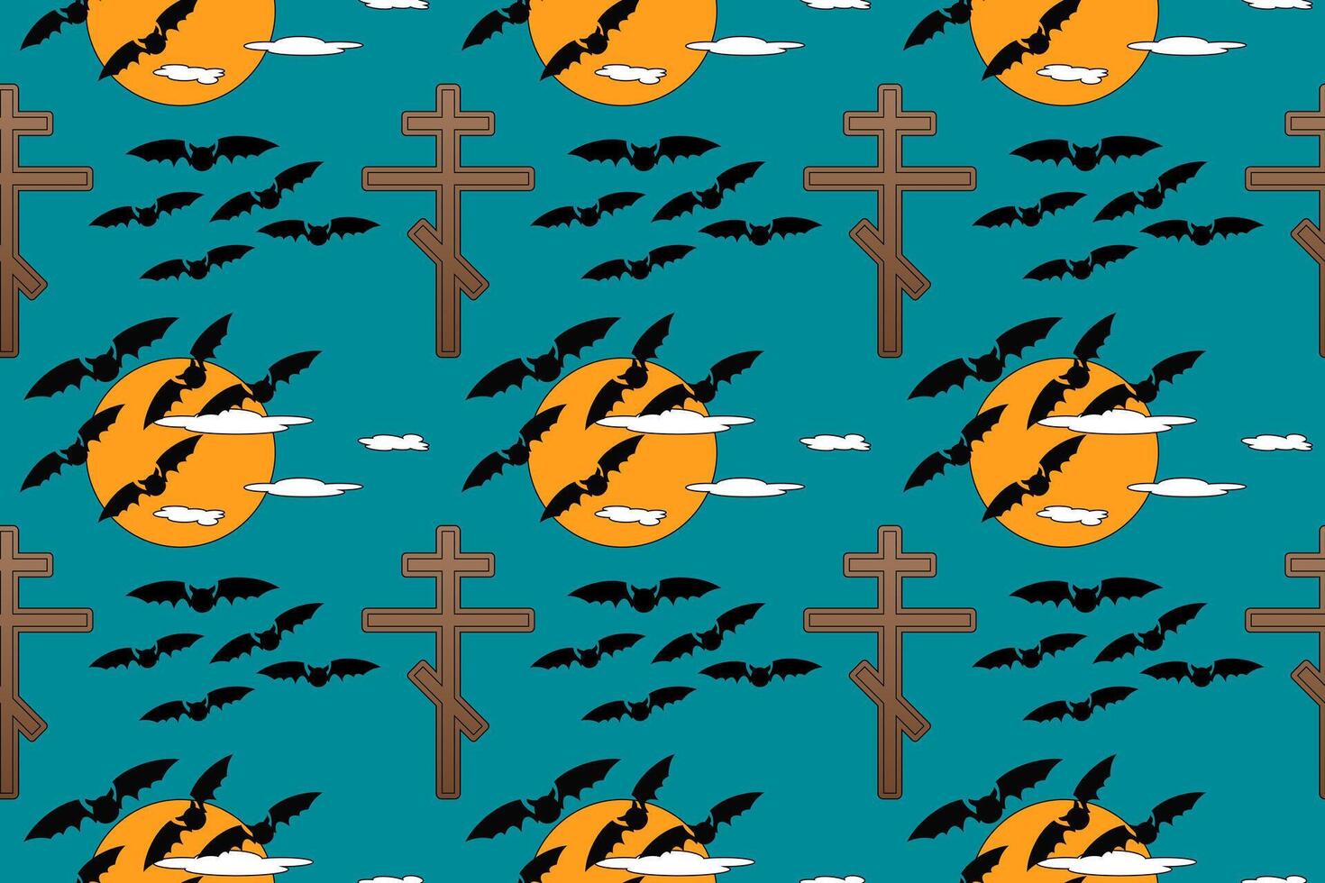 A spooky Halloween seamless pattern with flying bats, full moon, and crosses. Perfect for themed designs, decorations, and crafts. vector