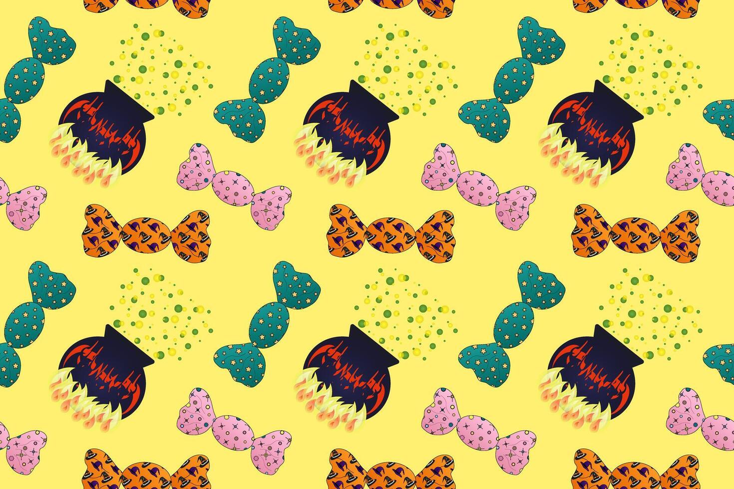 Spooky Halloween pattern featuring candy and cauldrons. Great for festive holiday designs, wrapping paper, and backgrounds. vector
