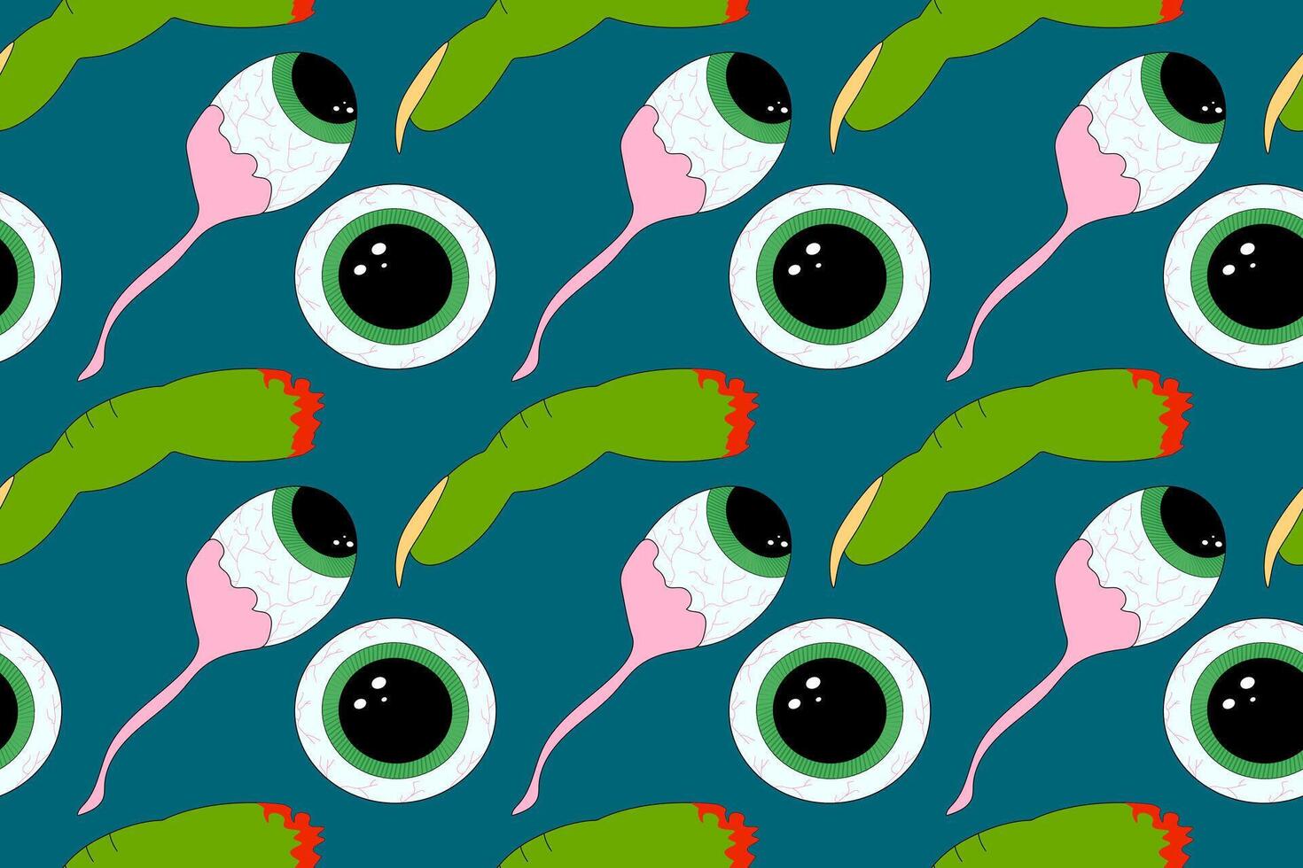 A pattern featuring eerie eyeballs and monster claws. Perfect for Halloween designs, backgrounds, and spooky decorations. vector