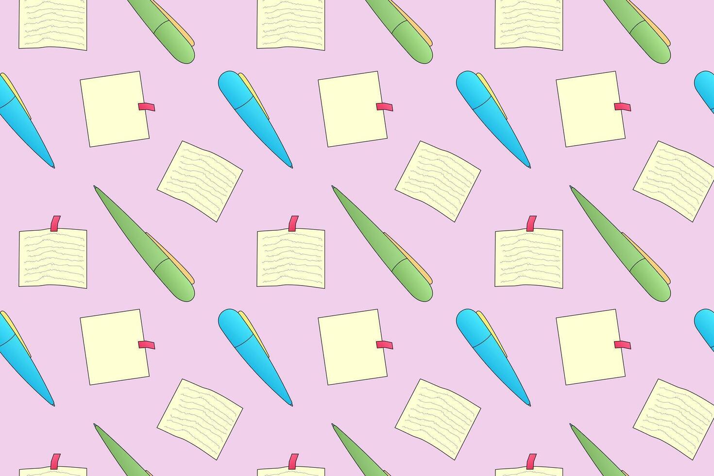 Back-to-school themed seamless pattern with pens, notes, and papers. Perfect for school, education, and stationery designs. vector
