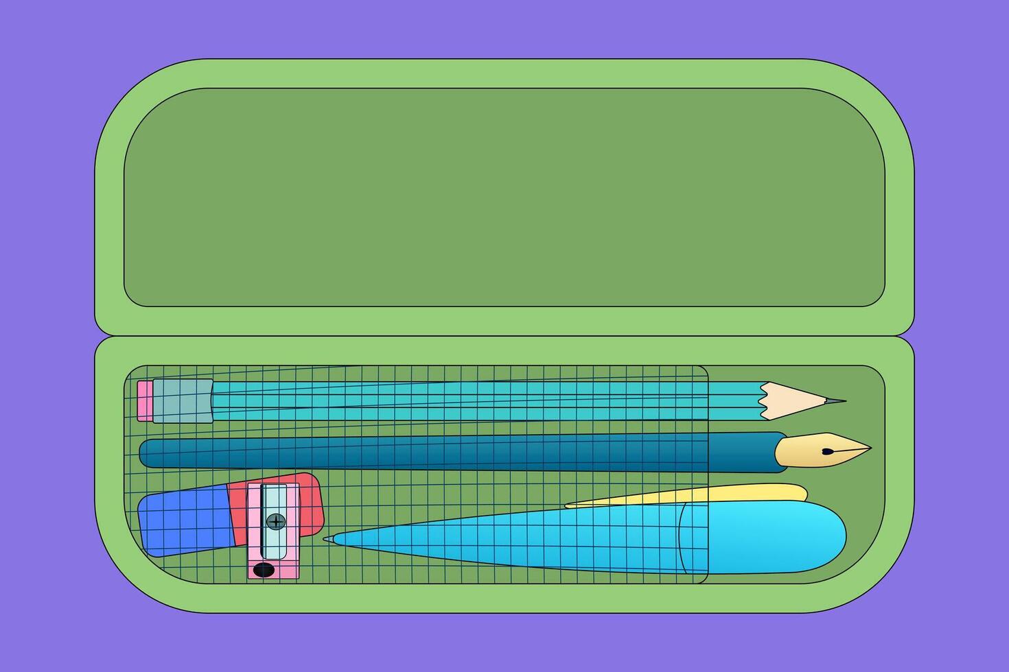 illustration of a pencil case with stationery tools, including pencils, pen, sharpener, and eraser. Perfect for back-to-school themes. vector