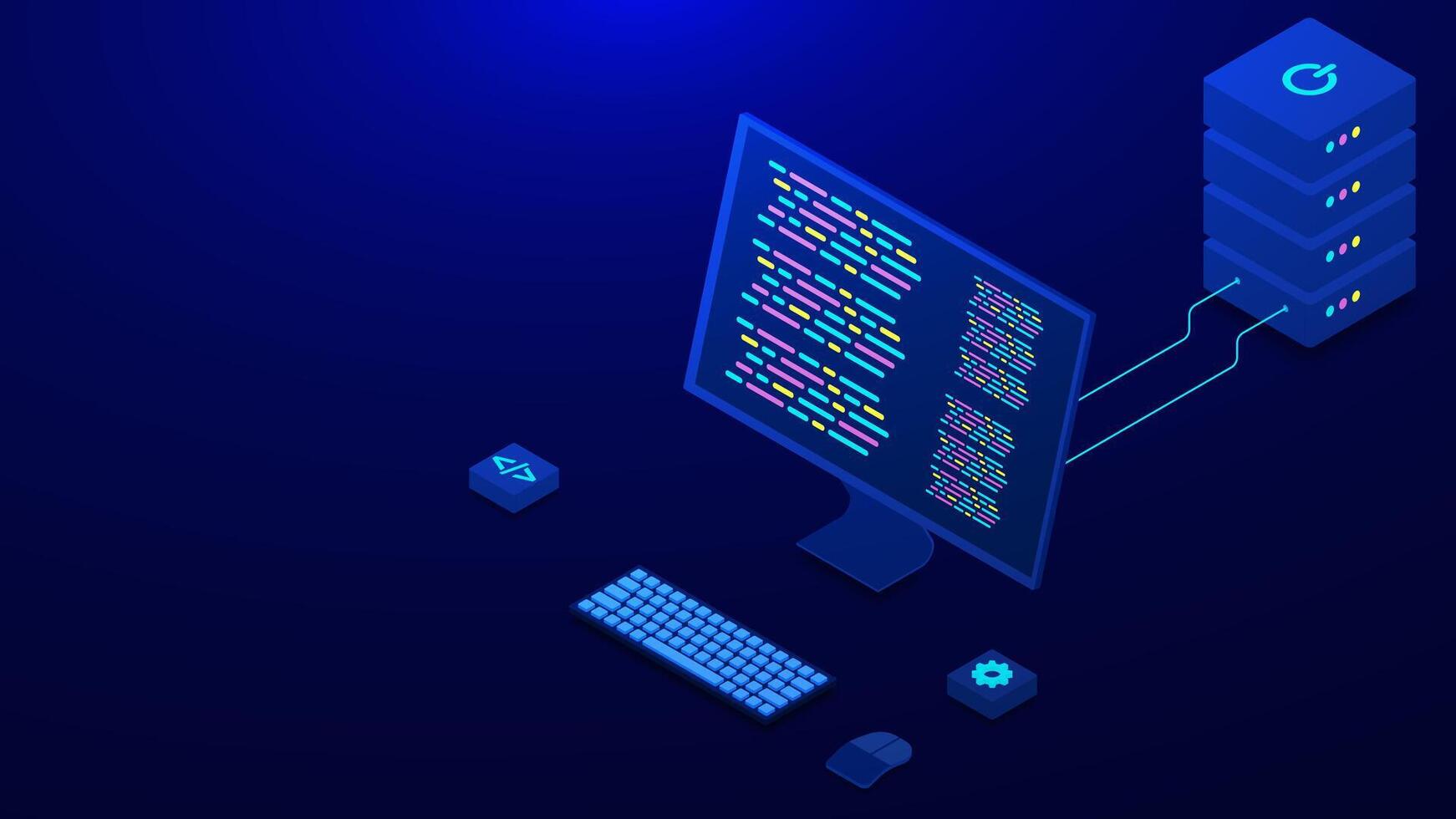 Computer programming concept with server isometric. Programming languages, creation digital software, desktop platform vector