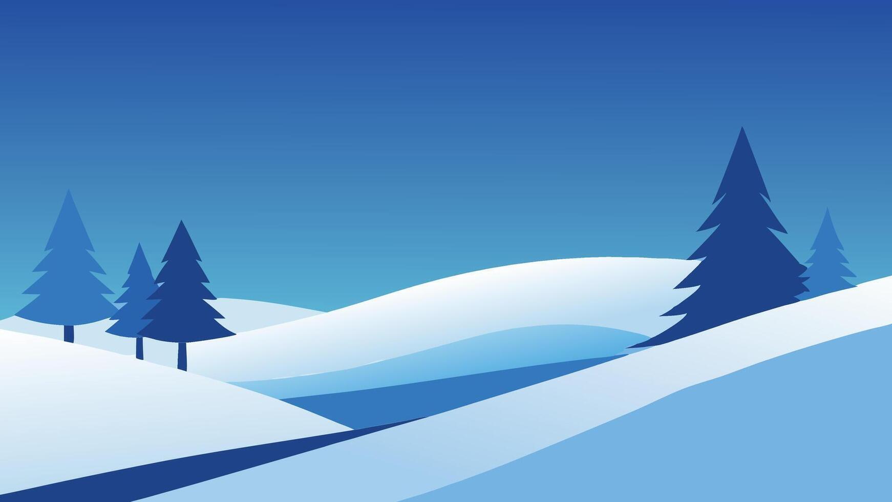 Winter view showcasing trees draped in snow with a smooth, white layer of snow covering the ground flat illustration. vector