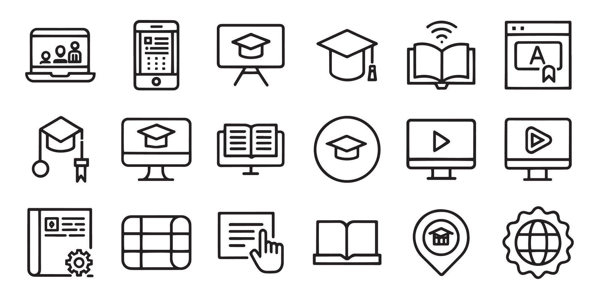 Education, seminar, online learning related editable stroke outline icons set isolated flat illustration on white background. vector
