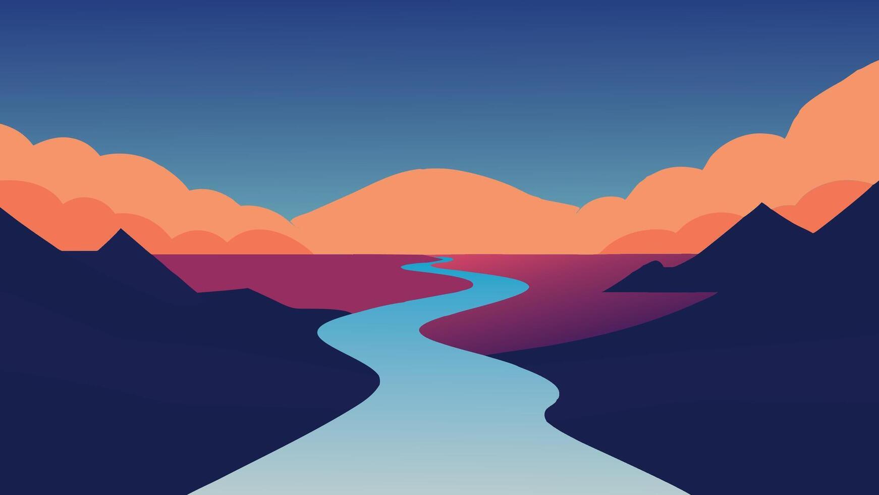 Surreal image depicting a river flowing into a lake, both suspended in a vibrant sky filled with clouds flat illustration vector