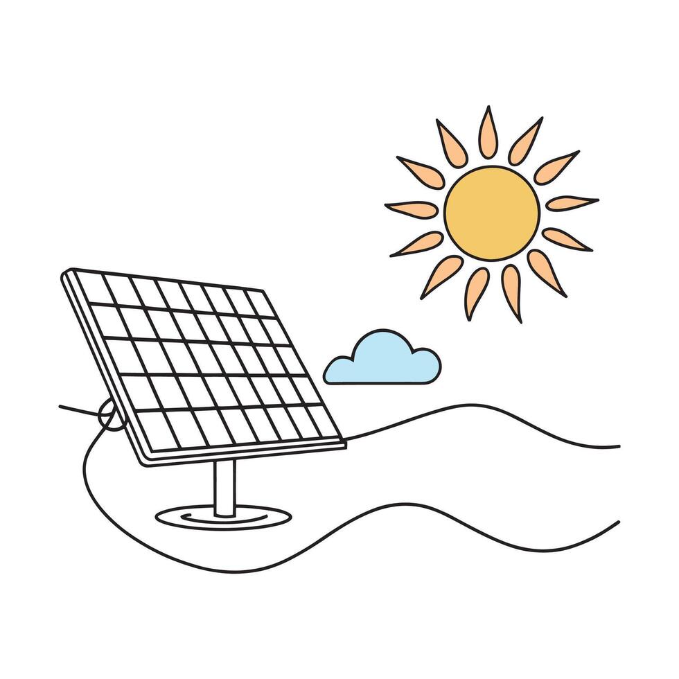Solar panel positioned on the ground, illuminated by sunlight from behind, showcasing renewable energy technology isolated doodle line art flat illustration on white background vector