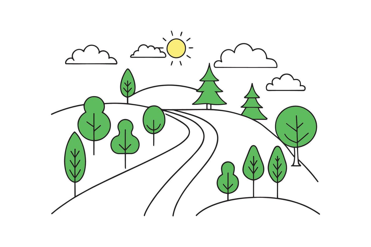 Road and nature elements isolated doodle line art flat illustration on white background vector