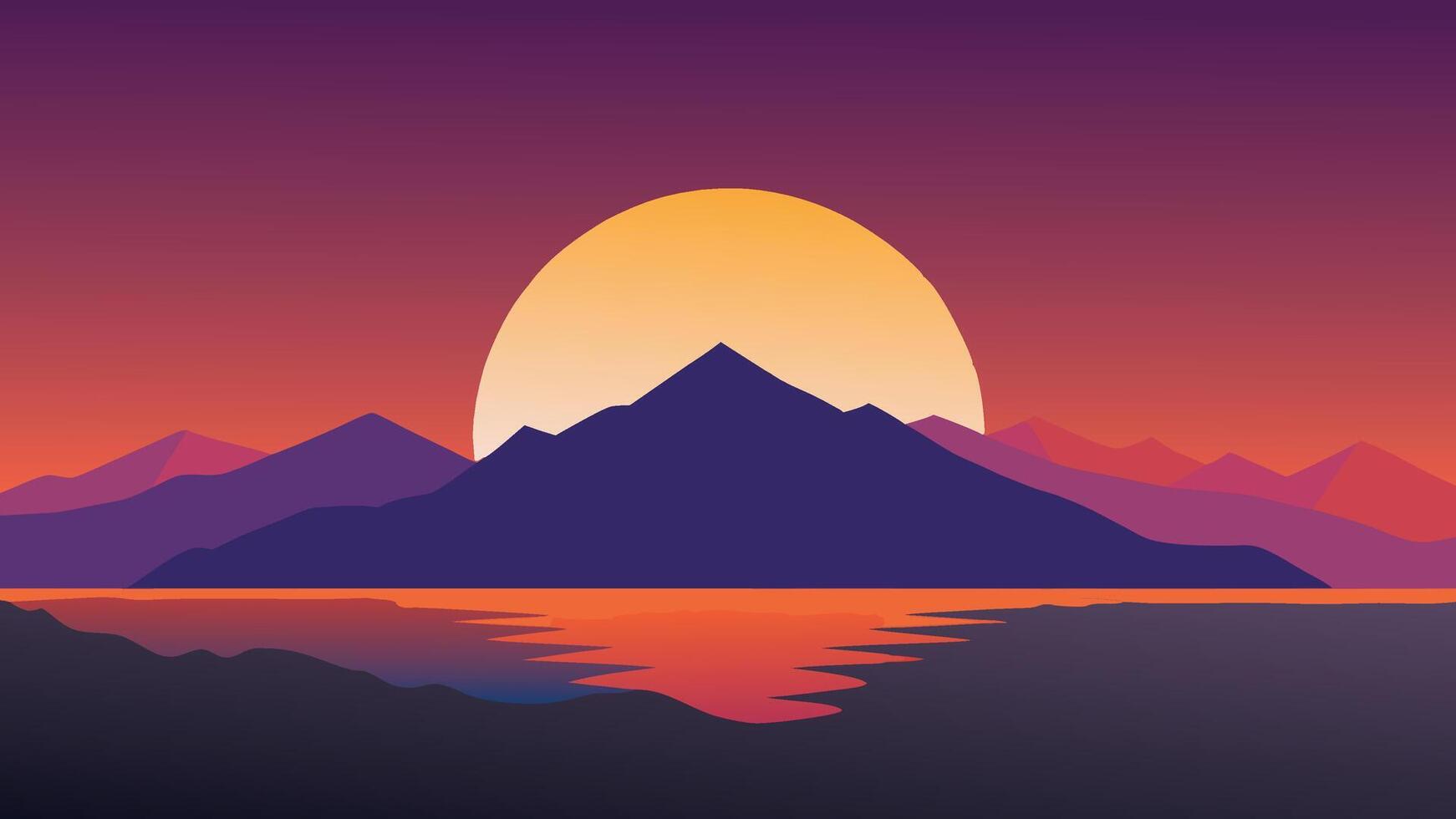 Sunset casts vibrant colors over the sea, with majestic mountains silhouetted in the background flat illustration vector