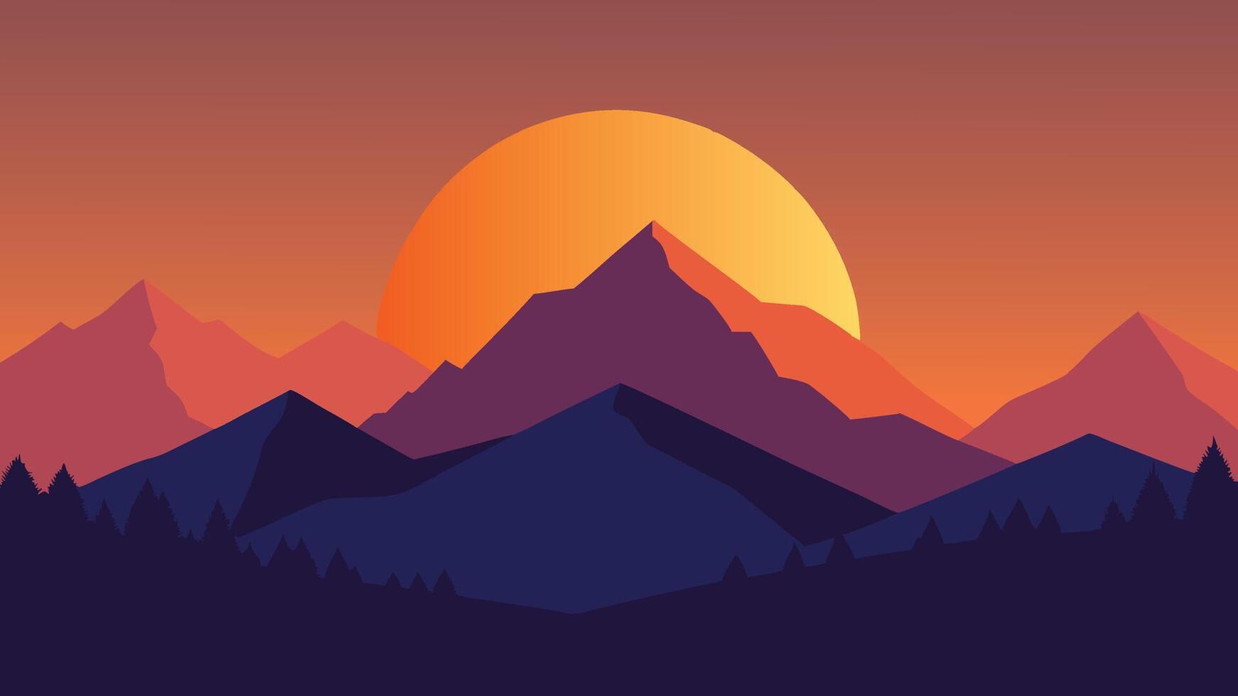 The sun ascends above the mountains, creating a stunning display of colors in the tranquil landscape flat illustration vector