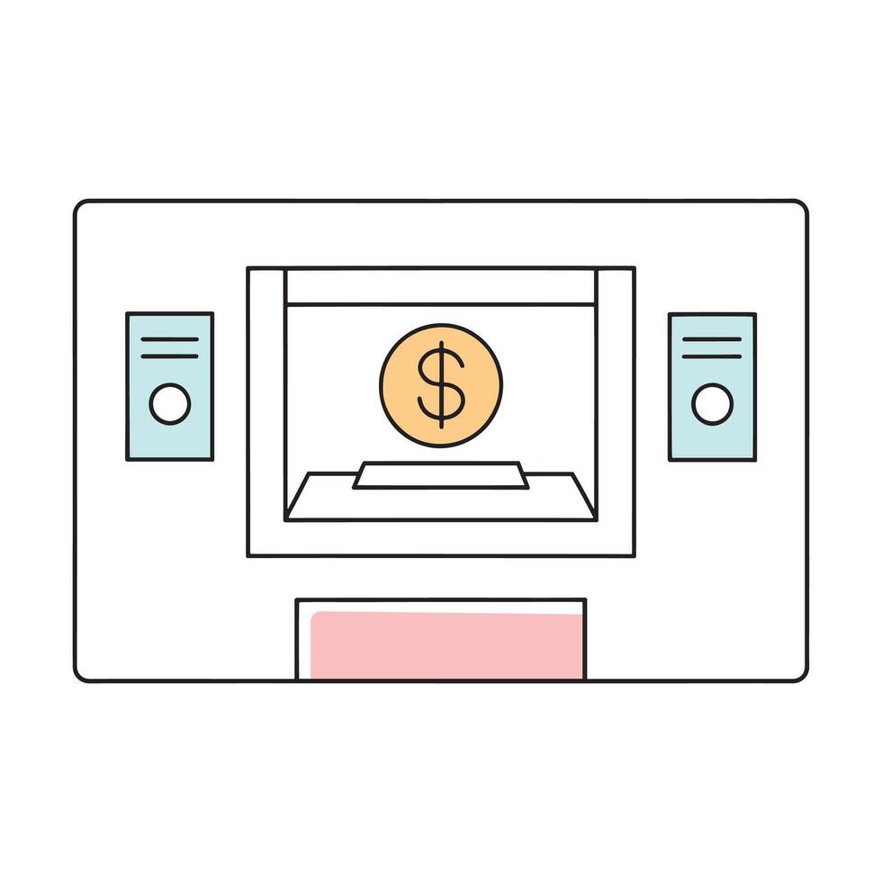 money machine, symbolizing financial transactions and cash withdrawal services isolated doodle line art flat illustration on white background. vector