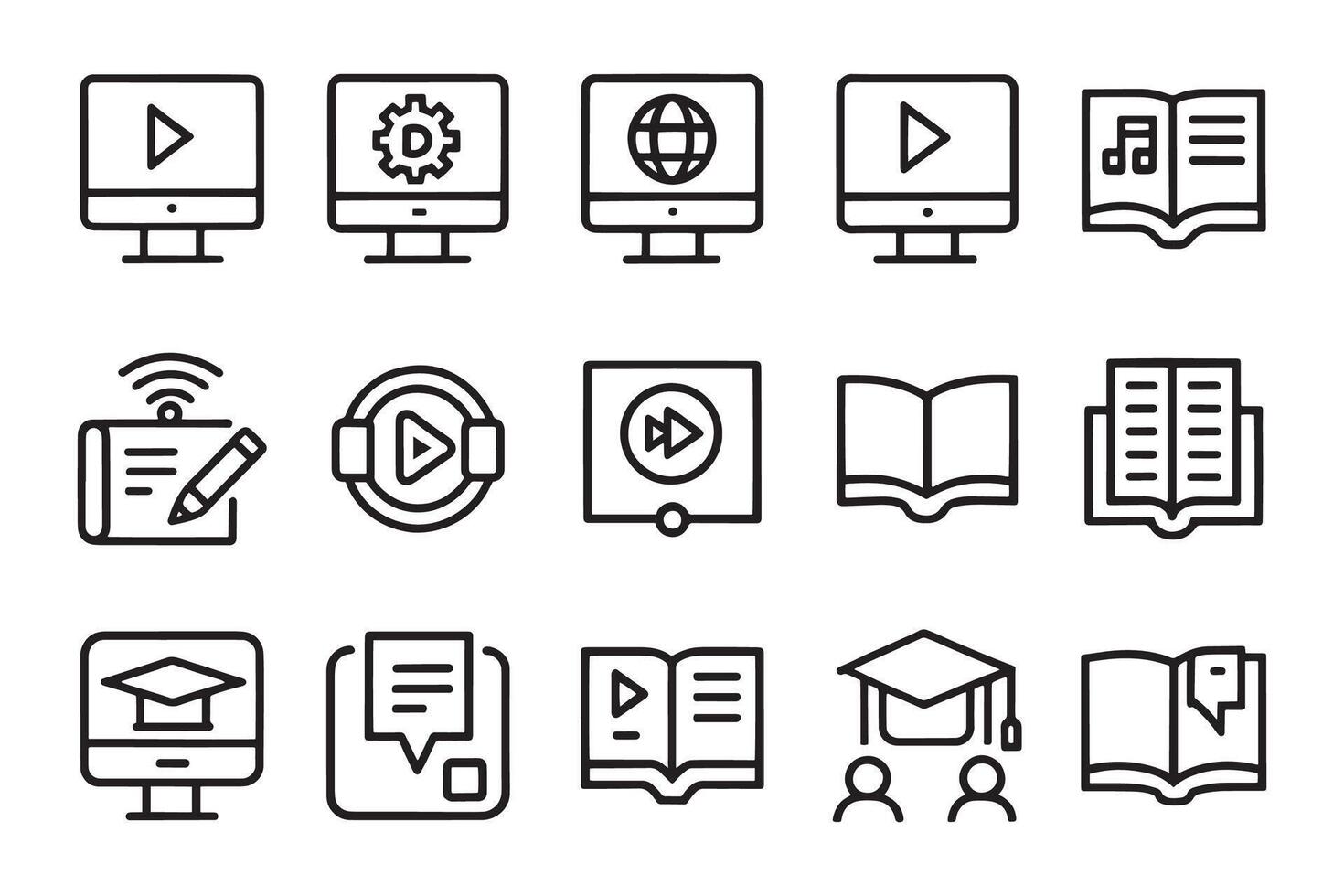 Elearning, Audio Book, zvideo courses, Graduation, Education related editable icon set isolated flat illustration white background vector