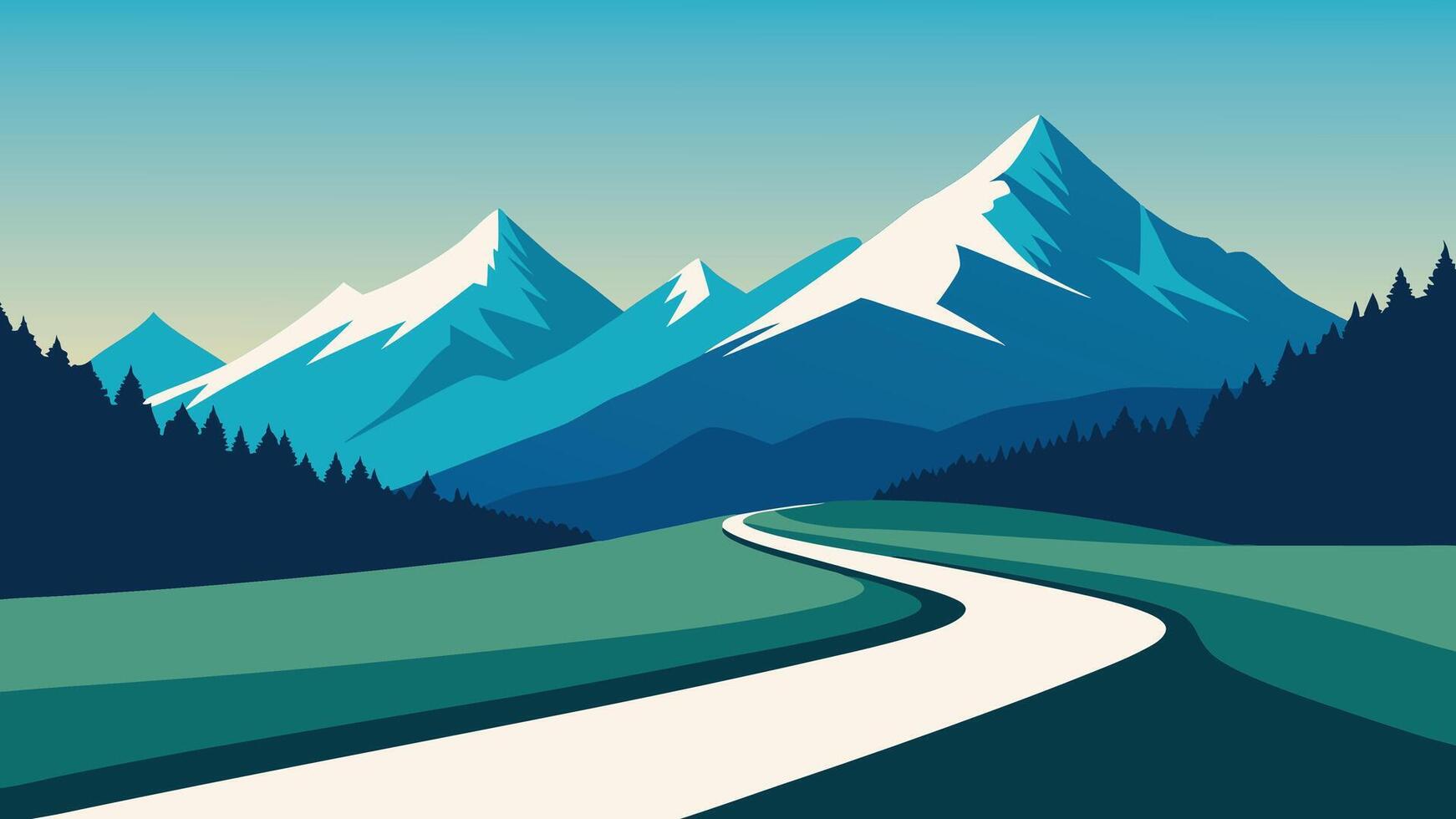 Winding road leading towards the majestic Alps, surrounded by lush greenery and distant snow-capped peaks. flat illustration vector