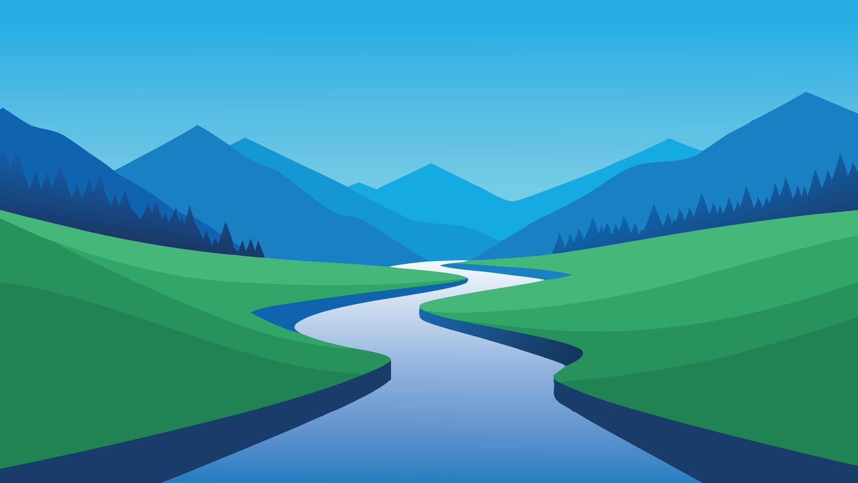 Tranquil river flows through a verdant valley, with towering mountains rising in the distance flat illustration vector