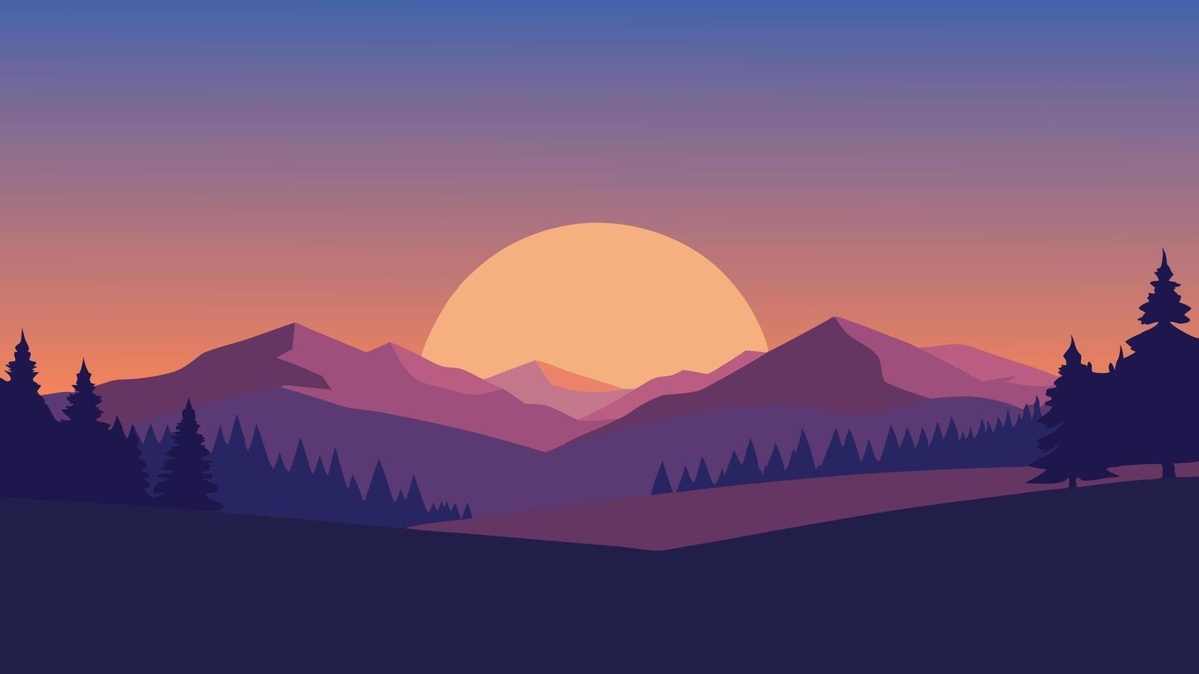 Sunset over majestic mountains, framed by silhouettes of trees, casting warm hues across the sky vector