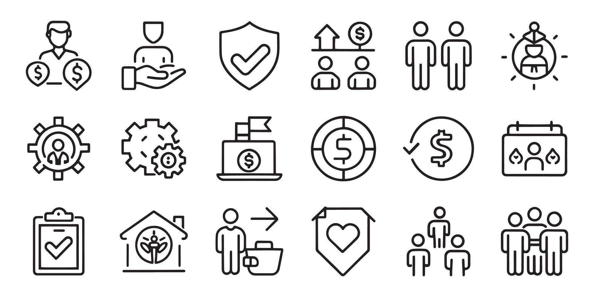 Employee benefit related editable stroke outline icons set isolated flat illustration on white background vector