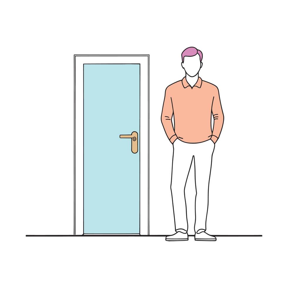 A man stands confidently in front of a closed door continuous line art flat illustration white background vector