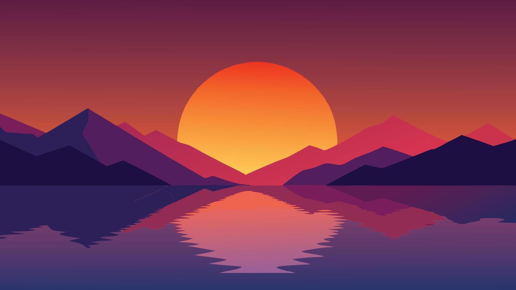 Sunset casts vibrant colors as mountains reflect beautifully in the still water below flat illustration vector