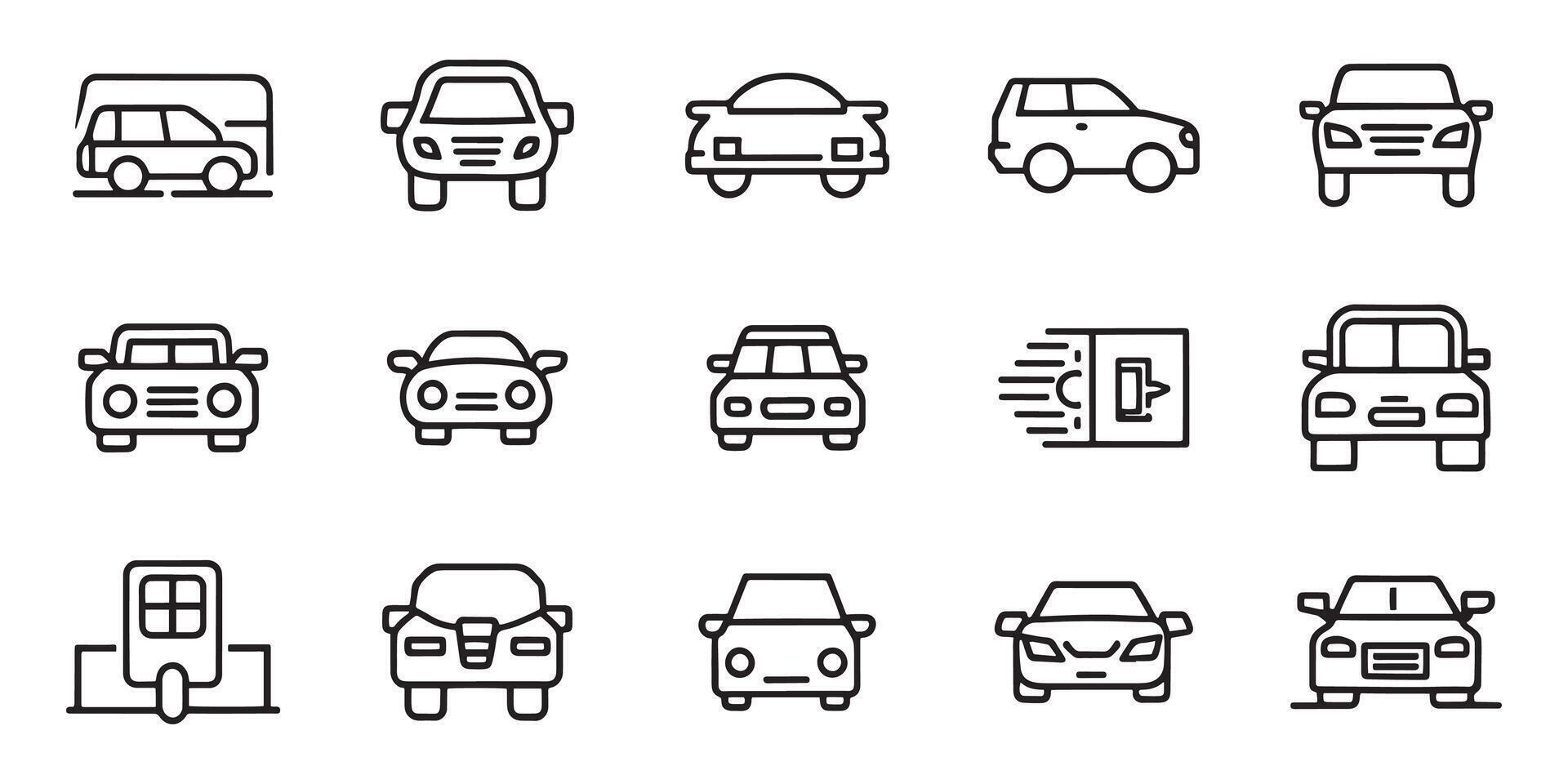 Automobile and car dealer, related editable stroke outline icons set isolated flat illustration on white background vector
