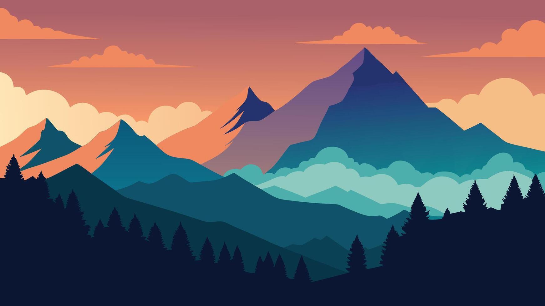 Mountains under a cloudy sky, with lush trees prominently displayed in the foreground. vector