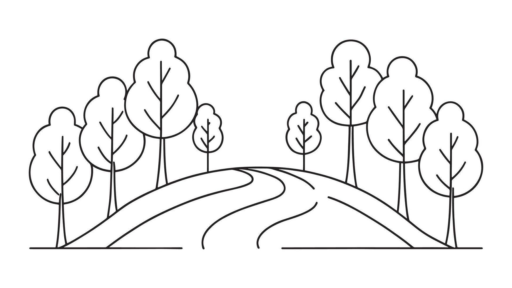 Simple line drawing depicting a winding road flanked by stylized trees on either side, conveying a serene landscape vector