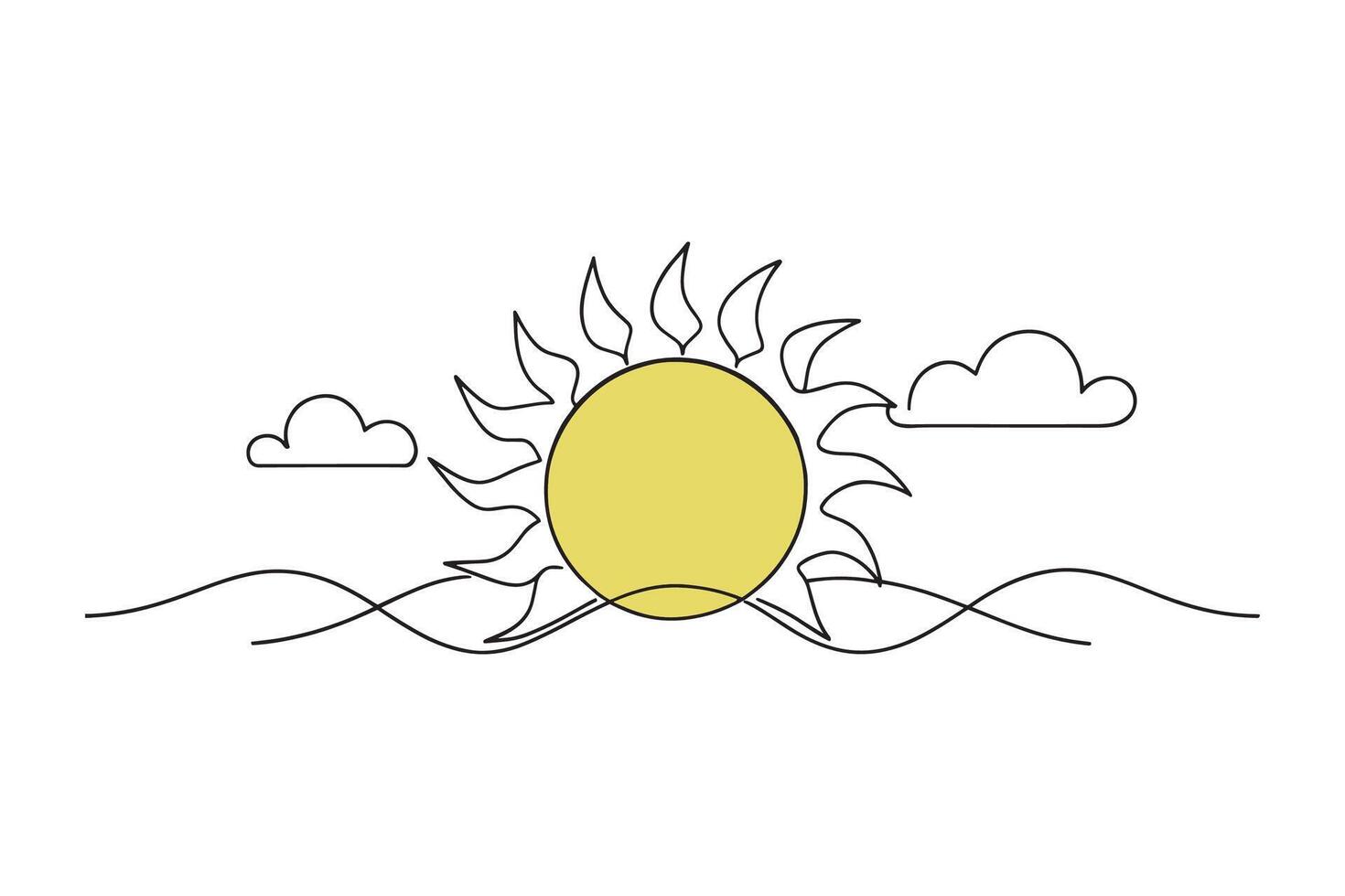 Cloud with sun isolated doodle line art flat illustration on white background. vector