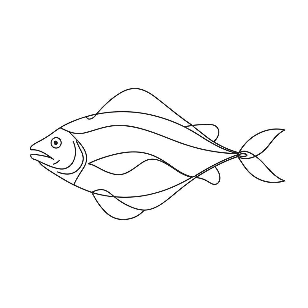 Halibut fish continuous line art flat illustration on white background vector