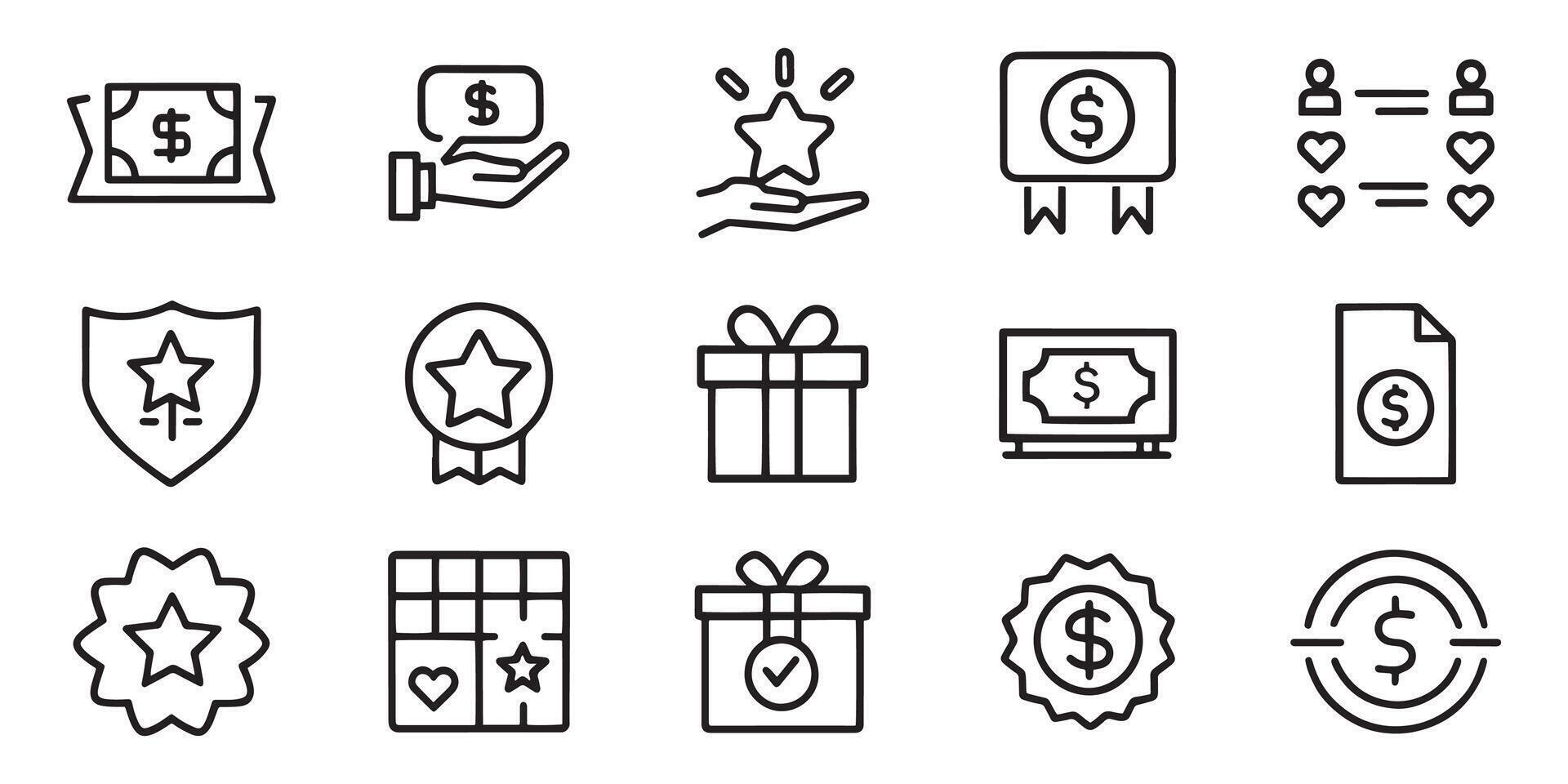 Benefit, offer and reward editable stroke outline icons set isolated flat illustration on white background vector