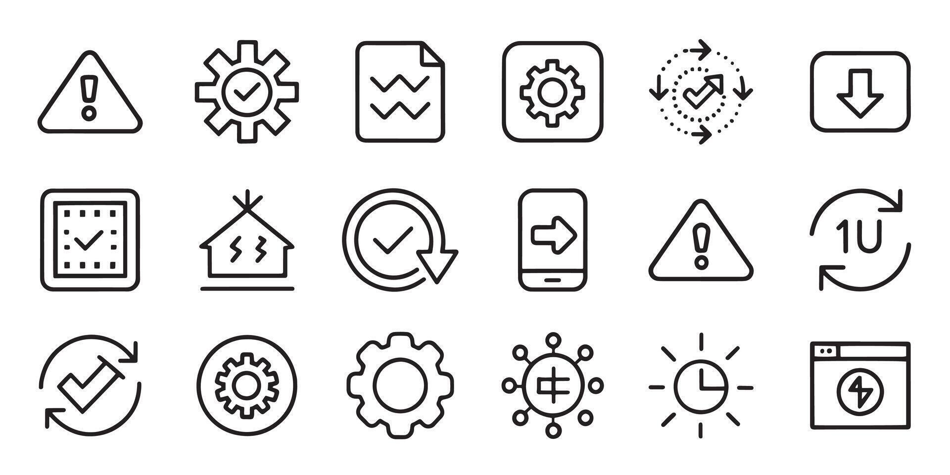 Caution, setting, complete concept related editable stroke outline icons set isolated flat illustration on white background. vector
