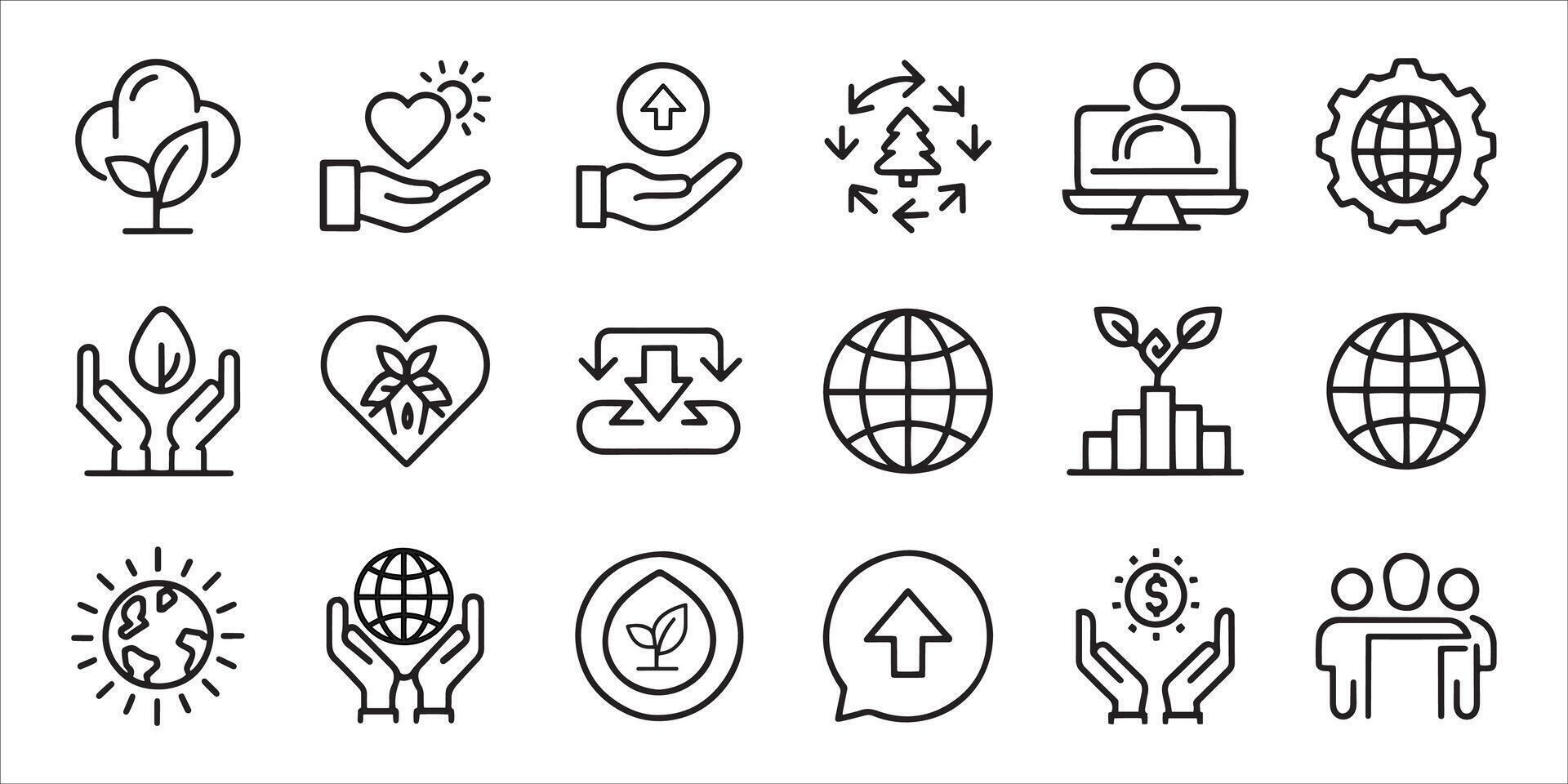 CSR Corporate social responsibility and sustainability related editable stroke outline icons set isolated flat illustration on white background. vector