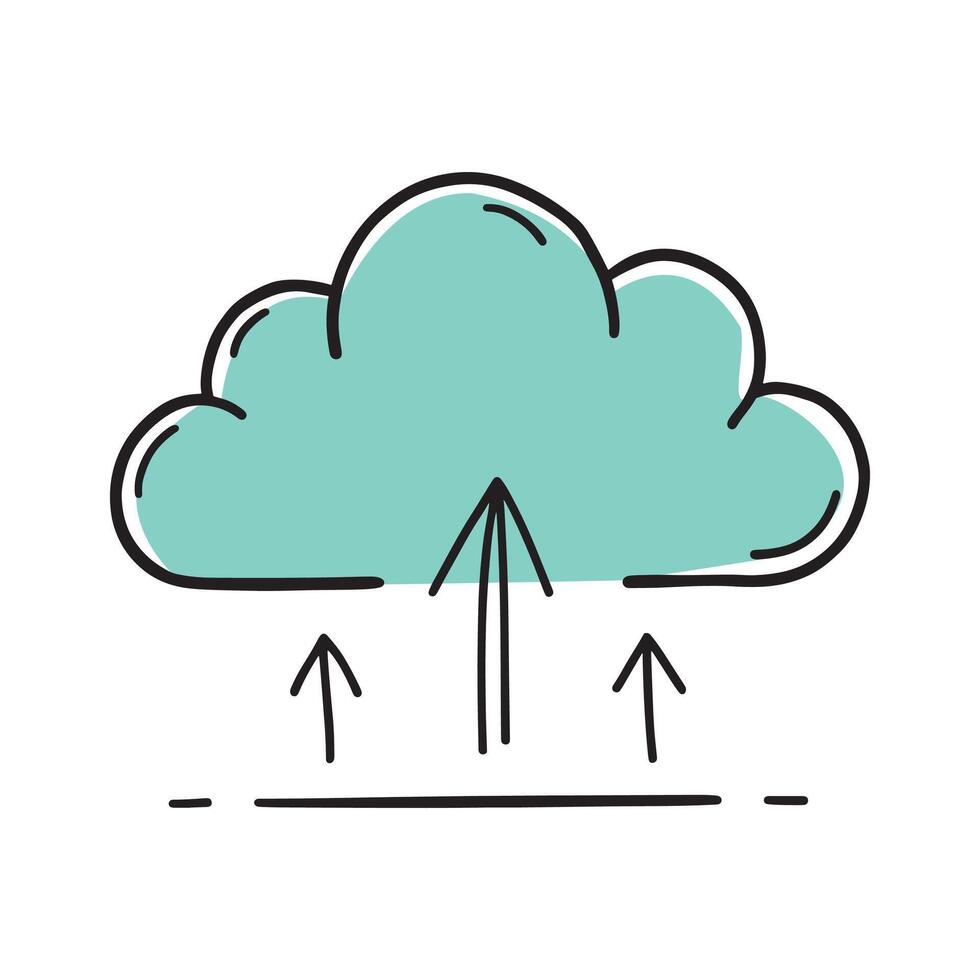 Cloud with arrows indicating movement towards doodle line art flat illustration on white background. vector