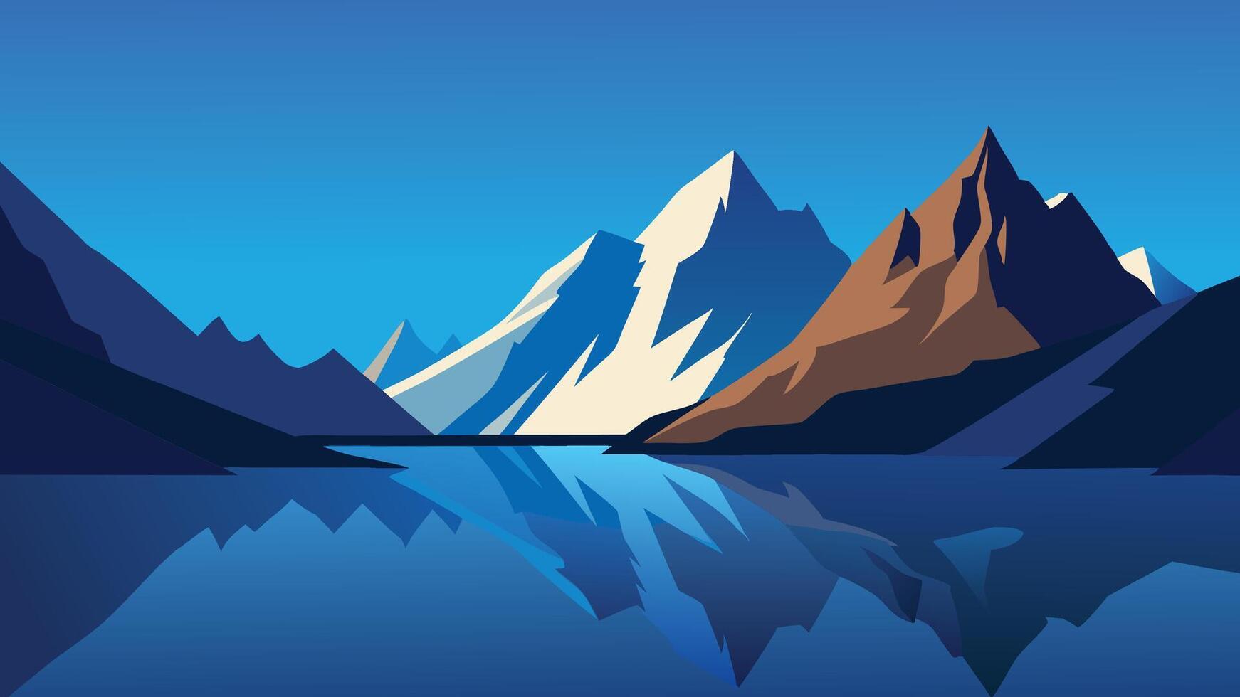 Lake nestled among rugged rocky mountains, reflecting the surrounding peaks under a clear blue sky. flat illustration vector