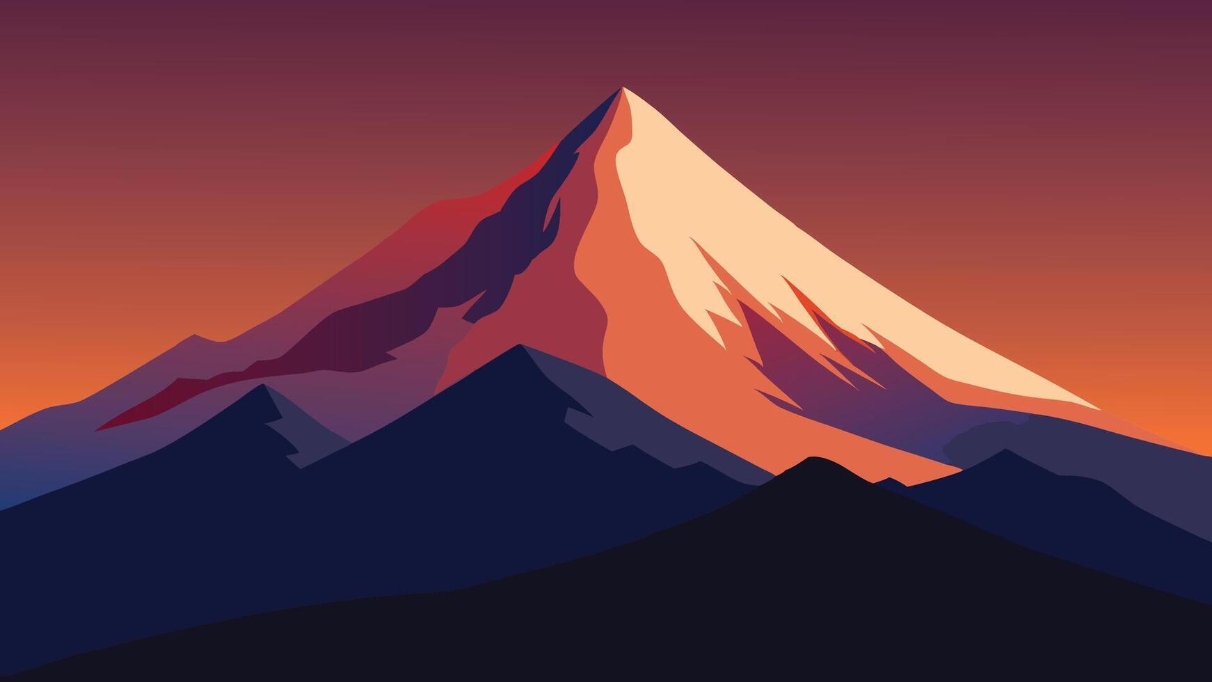 Snowy mountain illuminated by the warm hues of a sunset, creating a serene and picturesque landscape flat illustration vector