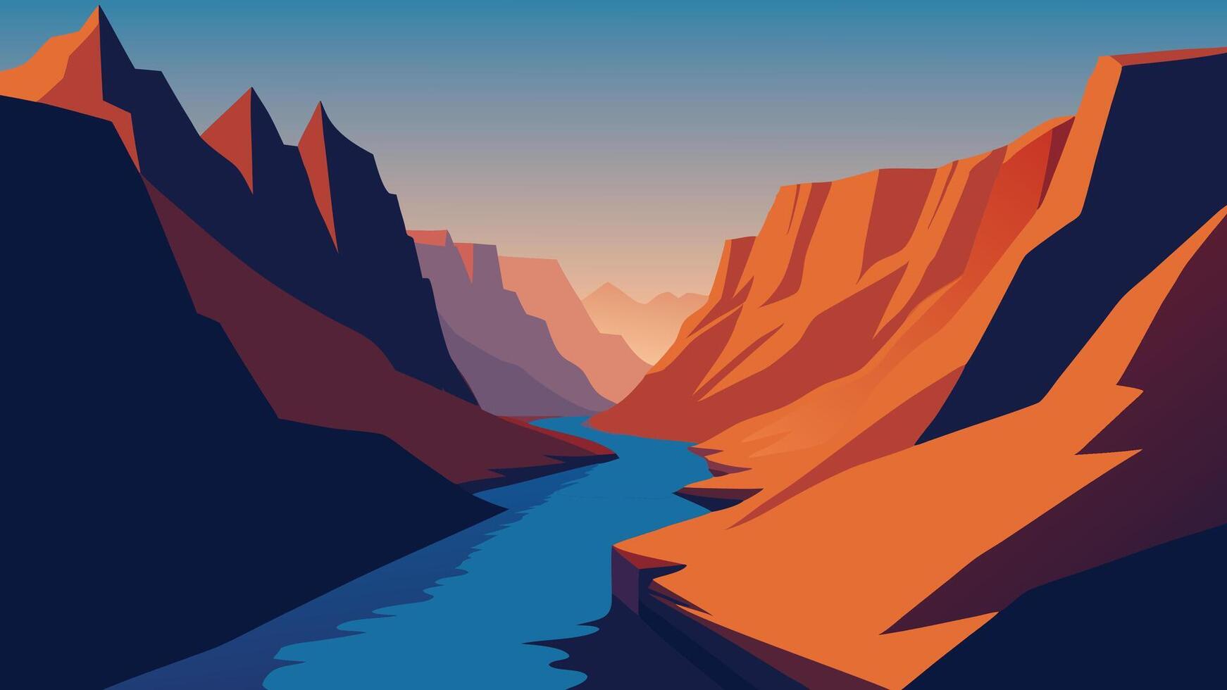 River flows through a majestic canyon, illuminated by the warm hues of a sunset sky flat illustration. vector